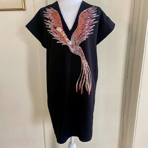 Zara Black short sleeve v-neck with orange bird emboridery